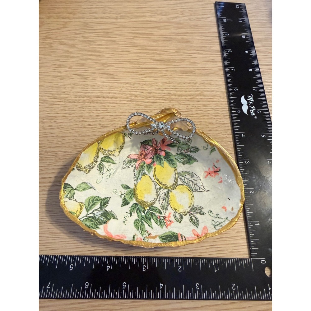 Handmade Decoupage Shell Trinket Dish Lemon Floral Gold Rim Rhinestone Bow 4.5"